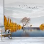 Papier peint panoramique paysage de rivière et arbres jaunes d'automne