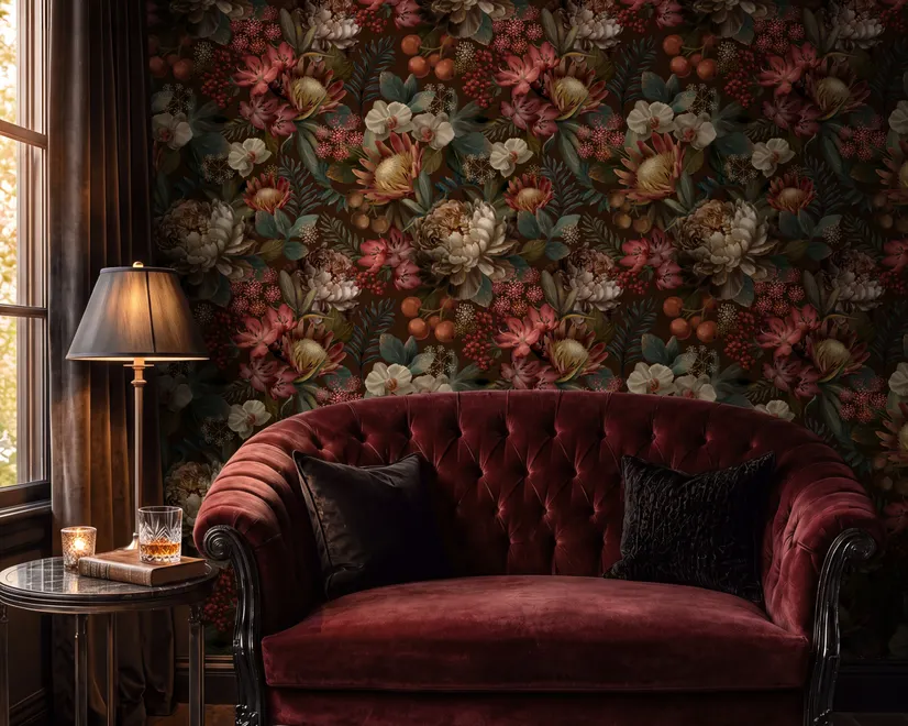 Dark moody floral wallpaper with cream peonies, coral lilies, berries and green foliage on chocolate brown