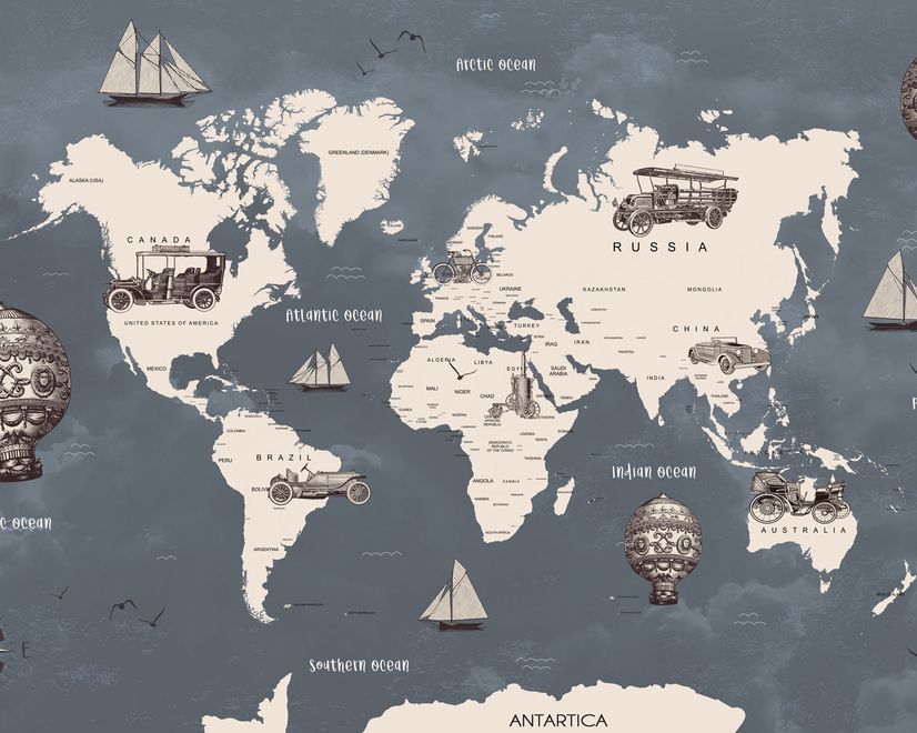 Kids Gray World Maps with Vintage Hot Air Balloon and Cars Wallpaper Mural