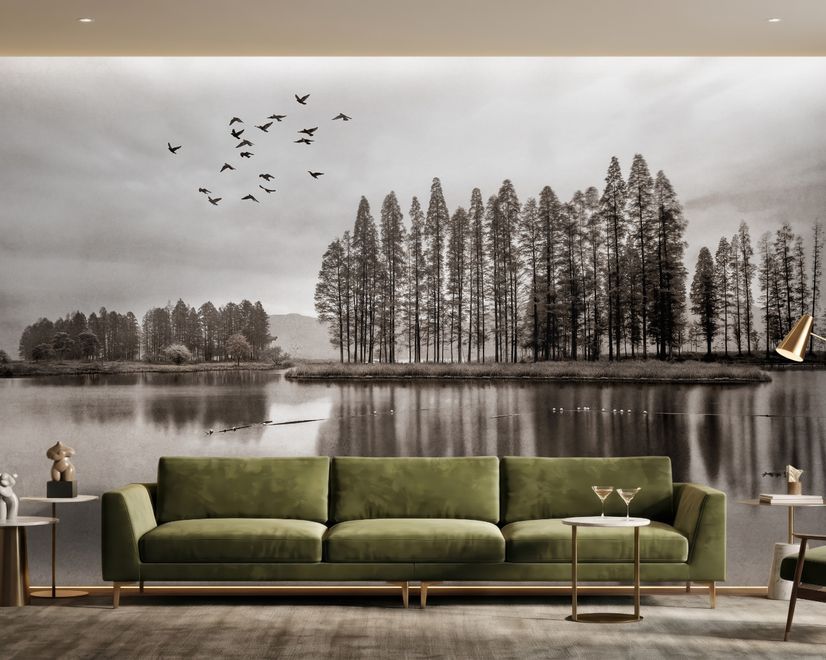 Monochrome Dark Forest and Lake Wallpaper Mural