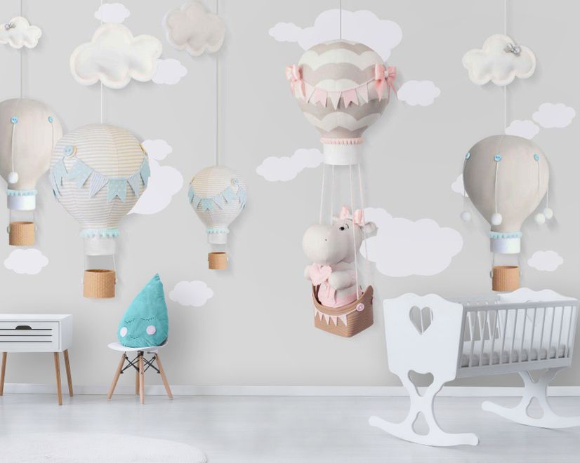 Little Hot Air Balloons with Clouds Wallpaper Mural