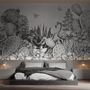 Monochrome Cactus Floral with Flamingo Drawing Wallpaper Mural