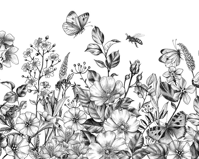 Papier peint panoramique floral noir et blanc