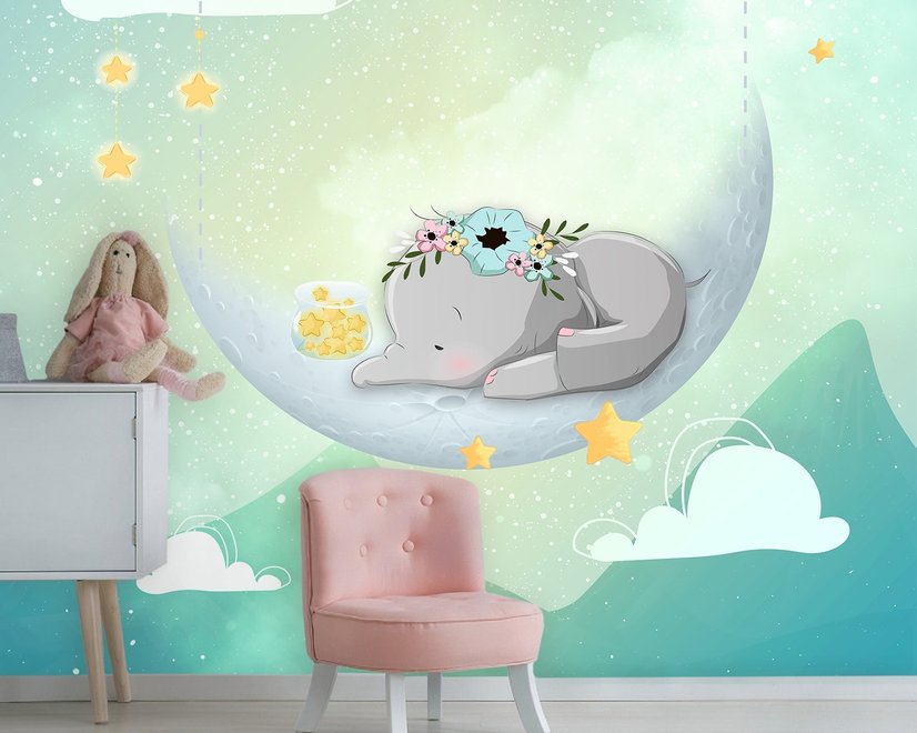 Aquarell Süßer Elefant mit Mond Fototapete