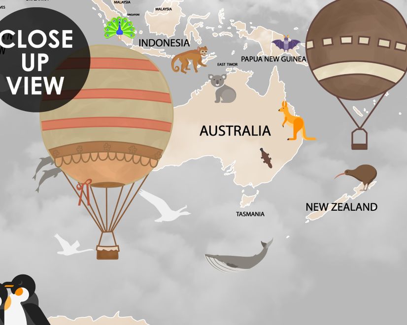 Kids World Map with Vintage Hot Air Balloon Wallpaper Mural