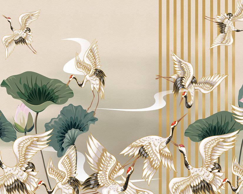 Papier peint oiseaux grue chinois fleurs lotus