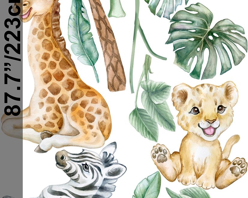 Kids Cute Safari Animal with Tropical Trees Wall Decal Sticker
