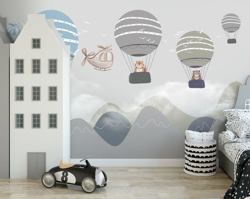 Kinder Cartoon Heißluftballon und Flugzeug Fototapete