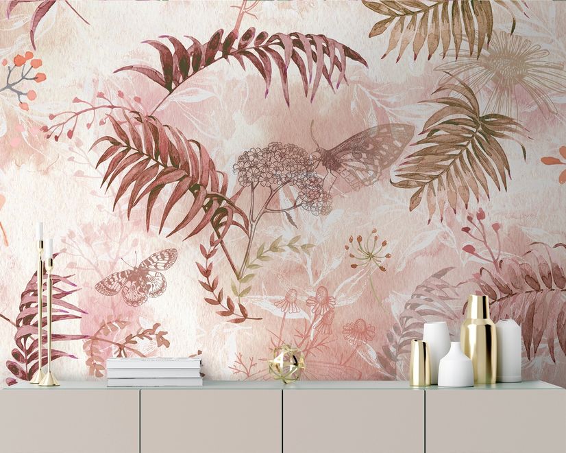 Pink Leaf and Blossom Wallpaper Mural