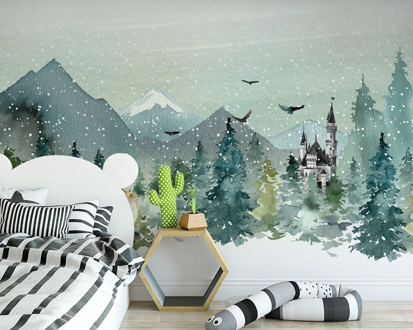 Watercolor Winter Landscape and Fox Wallpaper Mural