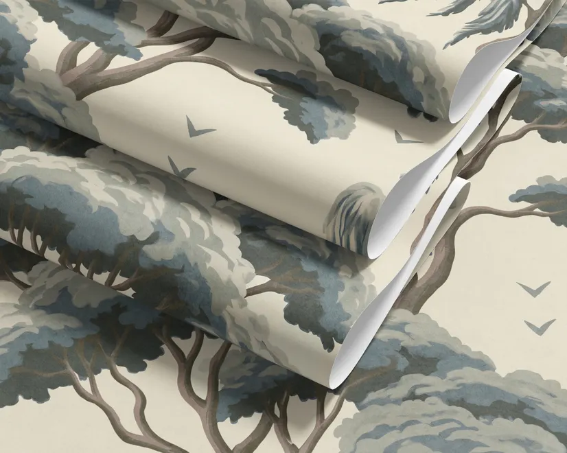 Vintage Japanese tree nature wallpaper with blue-grey canopies, willow foliage, birds and ivory-cream ground