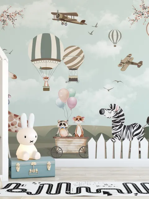 Papier peint animaux forêt avion vintage moulin enfants