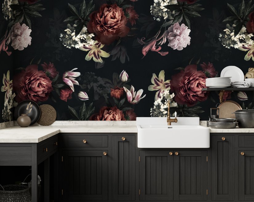 Realistic Dark Peony Floral Bouquet Wallpaper Mural