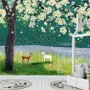 Papier peint panoramique forêt aquarelle et fleurs de pêcher