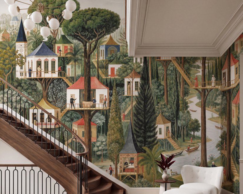 Architectural design wallpaper mural of forest treehouses, rivers, boats and small figures in green watercolour