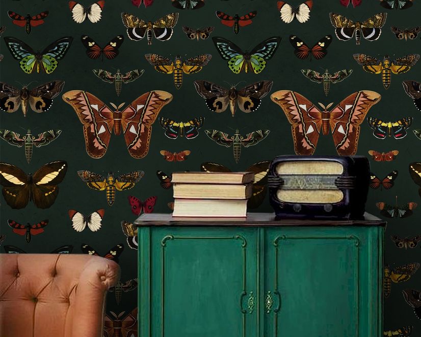 Colorful Butterfly Patterns on Green Background Wallpaper Mural