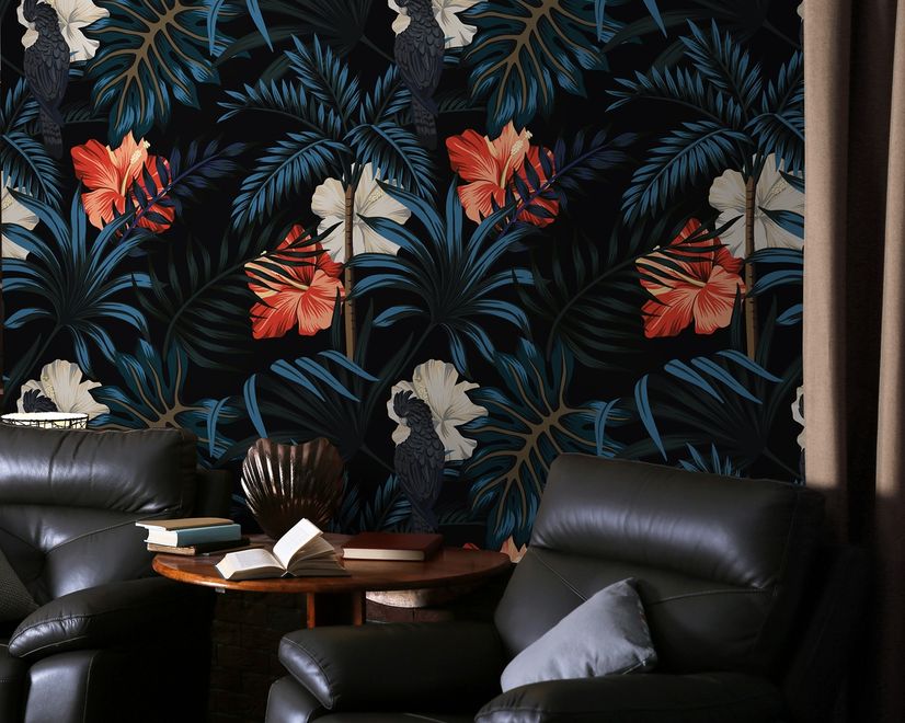 Exotic Leaves with Birds Wallpaper Mural