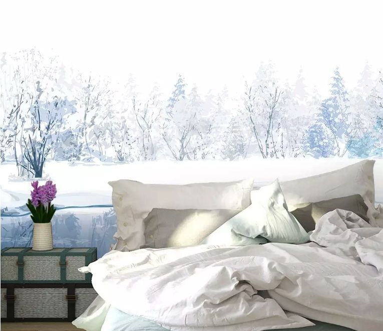 Watercolor Winter Landscape and Lake Wallpaper Mural