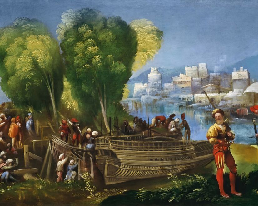 Medieval Lake Landscape with Boats Wallpaper Mural