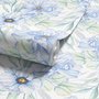 Blue floral wallpaper with watercolour anemone blooms, mint sage leaves and yellow ochre centres on white