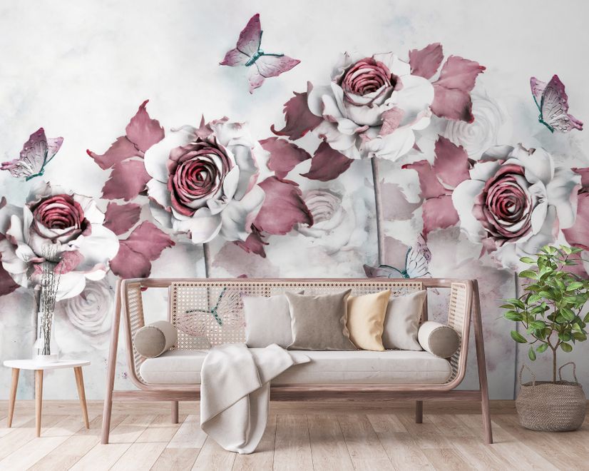 Elegant Floral with Little Butterfly Wallpaper Mural