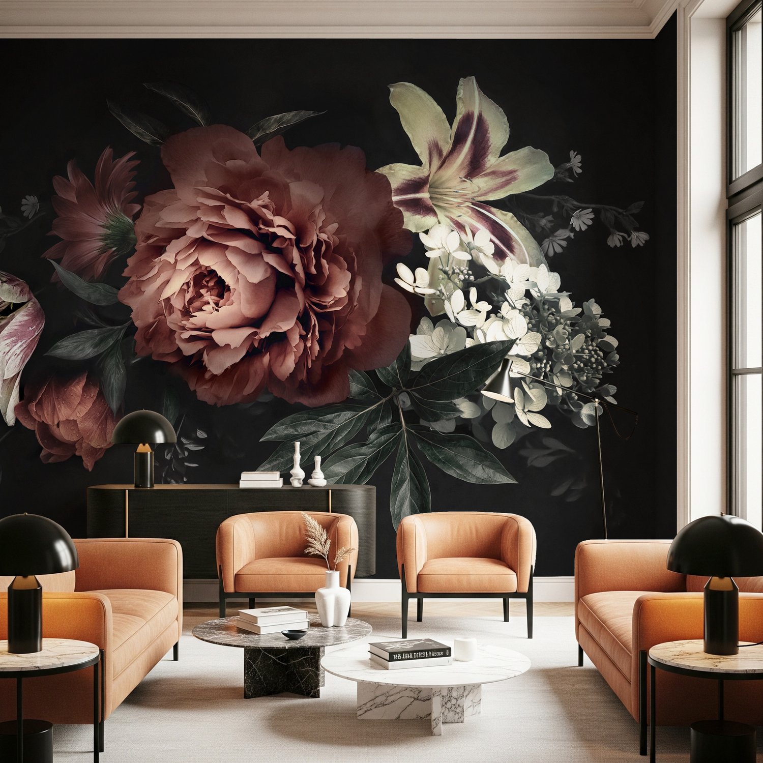 Dark Floral Bouquet with Red Peony and Lily Wallpaper Mural - Peel and Stick
