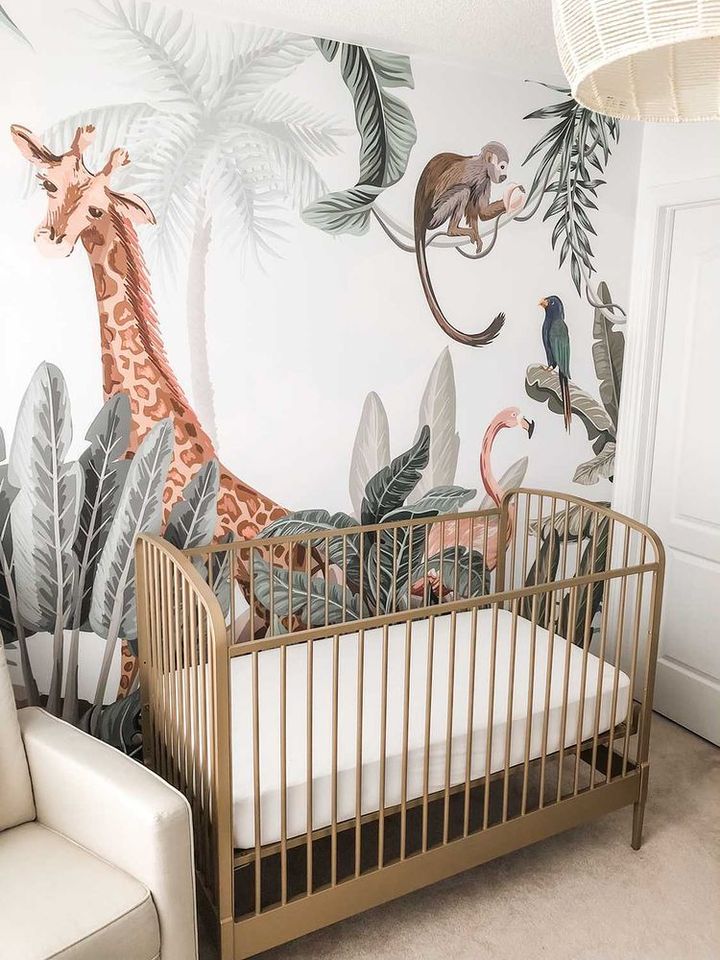 Kids Nursery Pink Flamingo and Cute Giraffe Safari Animals Wallpaper Mural