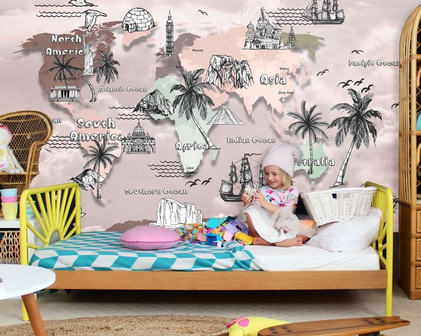 Kids World Map with Charcoal Famous Landmarks Wallpaper Mural
