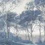 Blue forest background wallpaper mural with coastal trees, sea water and small white sailboats