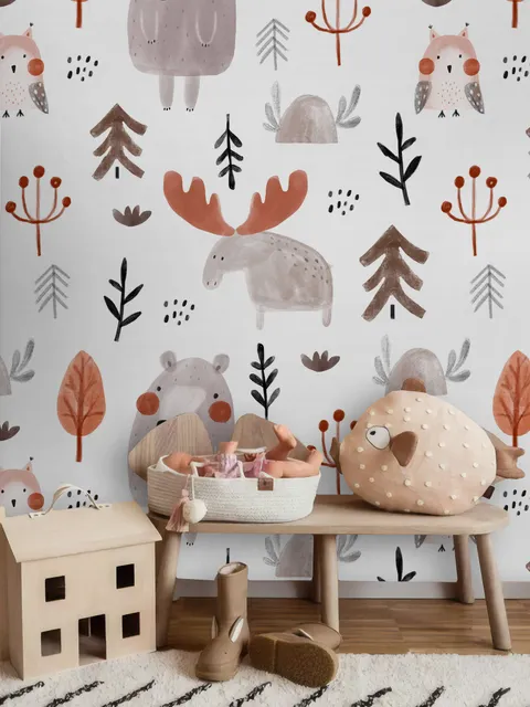 Cute Cartoon Animals with Twigs Wallpaper Mural