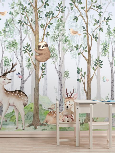 Kinderzimmer Niedliche Tiere im Wald Aquarell Fototapeten