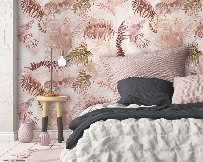 Pink Leaf and Blossom Wallpaper Mural