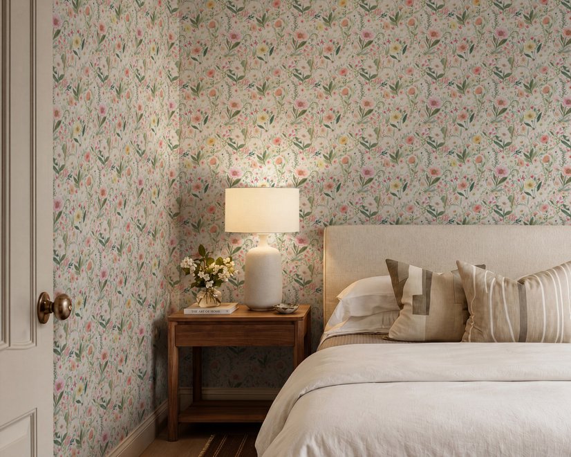 Pink wallpaper with watercolour blush, coral and yellow wildflowers, sage leaves and stems on a warm cream-white ground.