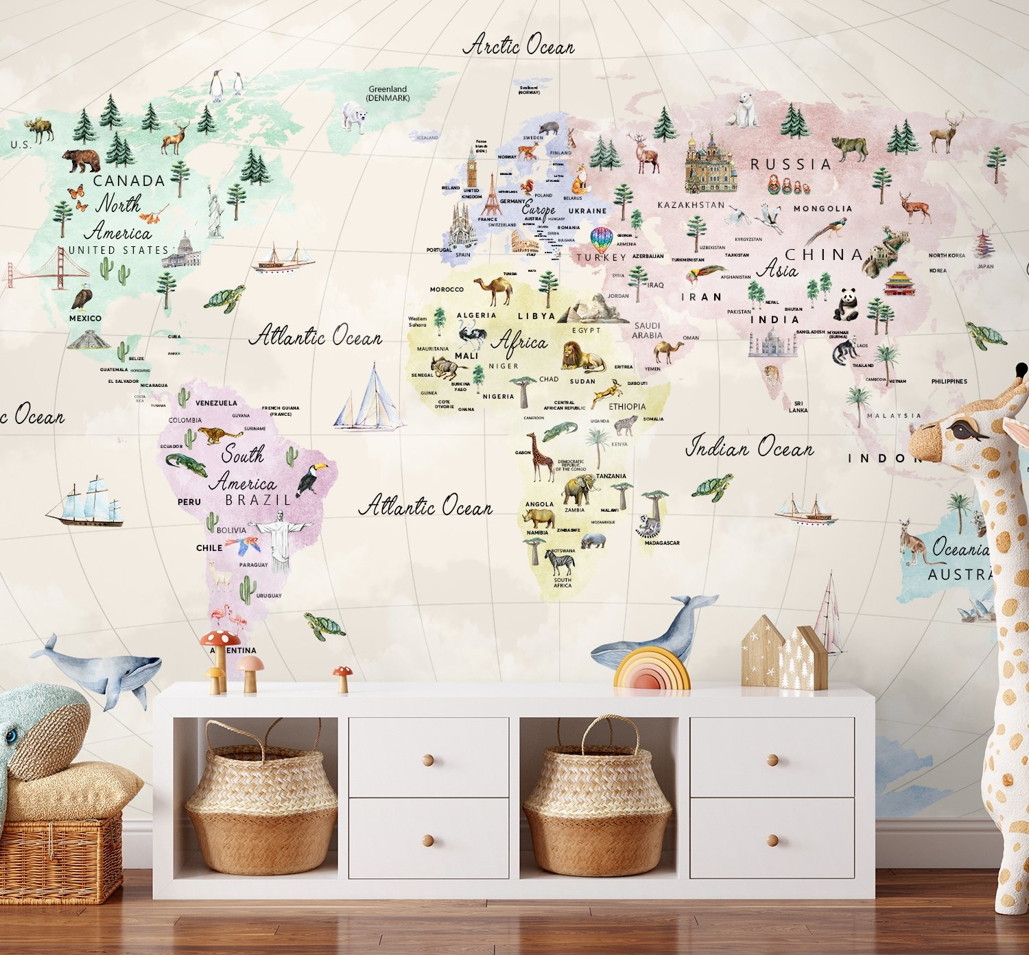 Kids Educational World Maps Wallpaper Mural - Peel and Stick
