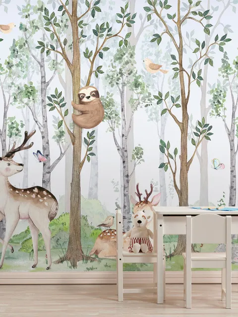 Nursery Cute Animals in the Forest Watercolor Kids Wallpaper Murals