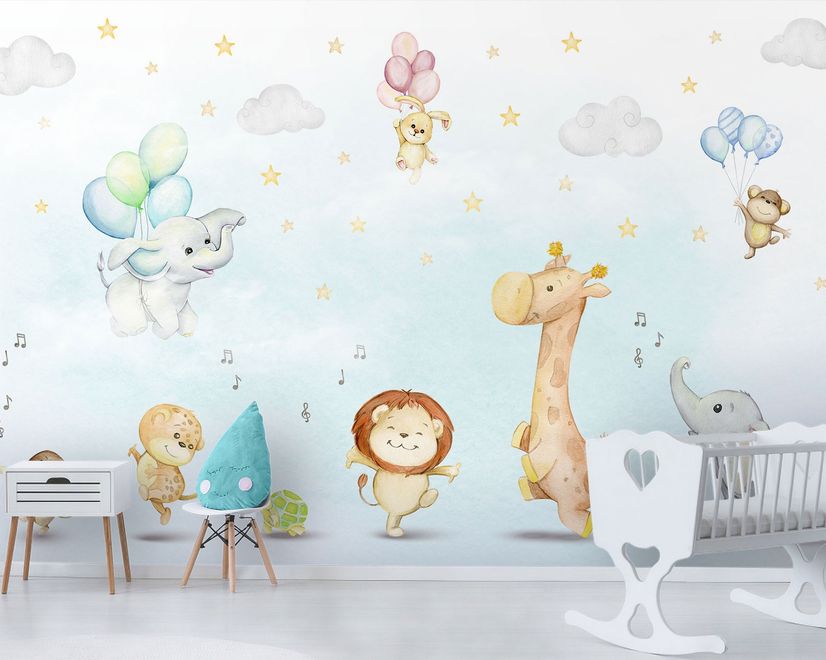 Kids Nursery Safari Animals Playing Wallpaper Mural