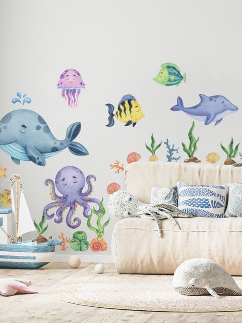 Kids Nursery Undersea Wall Decals Cute Whale with Sea Animals Wall Sticker