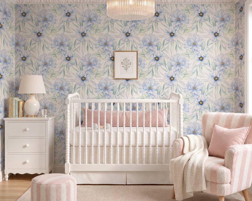 Blue floral wallpaper with watercolour anemone blooms, mint sage leaves and yellow ochre centres on white