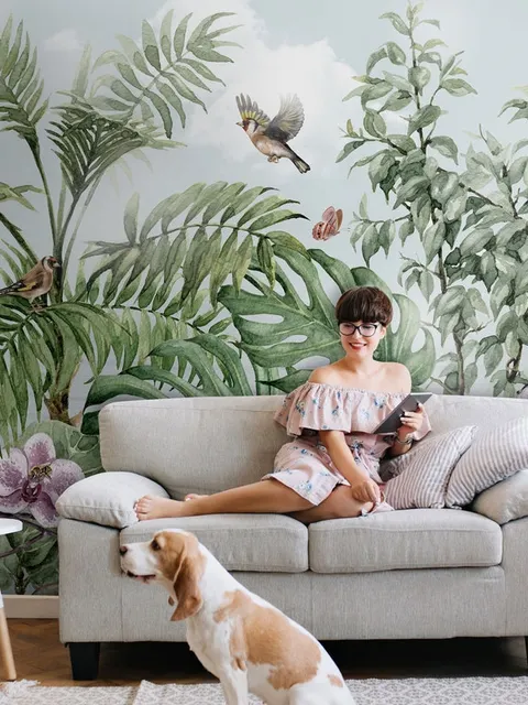 Tropical Leaves with Birds and Florals Wallpaper Mural