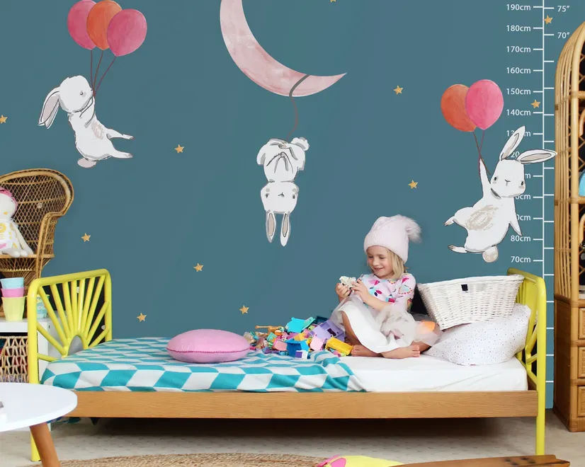 Kids Cartoon Rabbits with Colorful Balloons and Moon Wall Decal Sticker