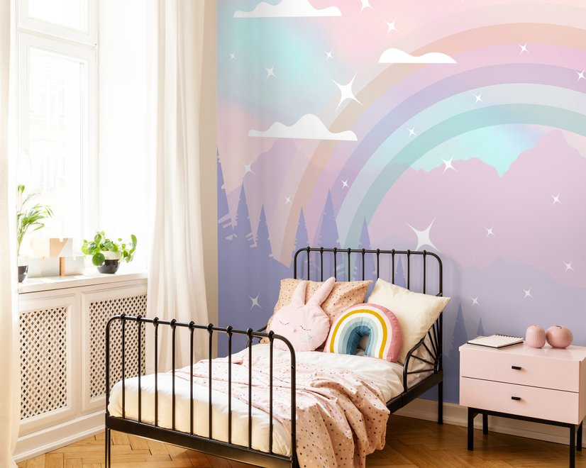 Papier peint panoramique de la chambre d'enfant avec des montagnes colorées et des étoiles brillantes