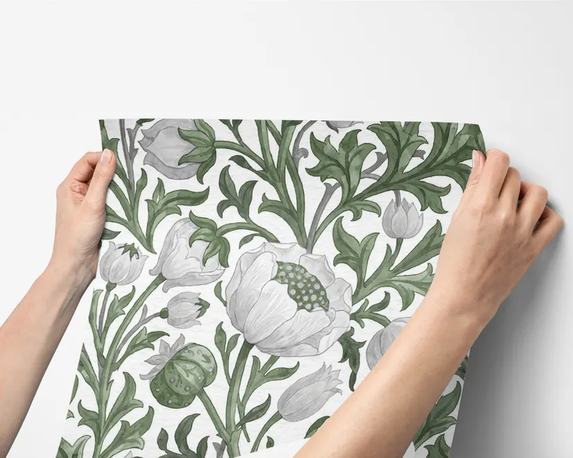 Sage green botanical floral wallpaper with white poppy flowers, lobed leaves and dotted seed centres