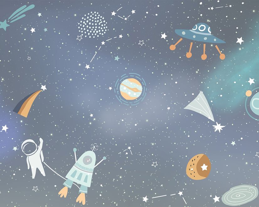 Kids Cartoon Space with Colorful Planets and Little Stars Wallpaper Mural