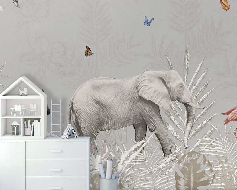Fototapete mit tropischen Tieren und Blättern für Kinderzimmer