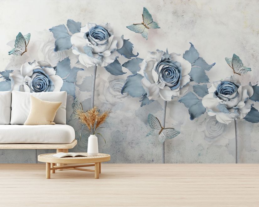 Soft Blue Floral Wallpaper Mural