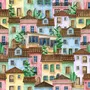 Kids Watercolor Medieval House with Plants Wallpaper Mural
