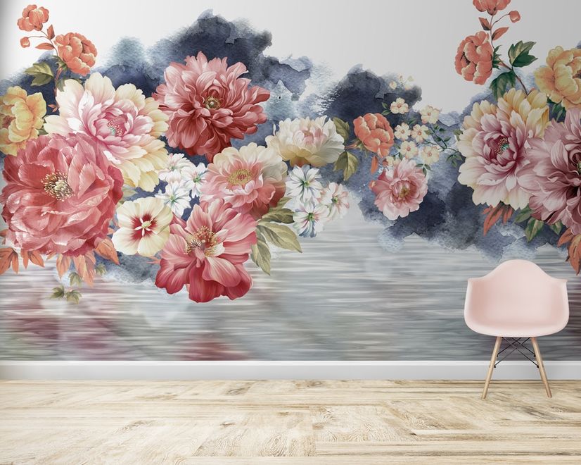 Vintage Red and Pink Blooms Floral on Smoky Background Wallpaper Mural