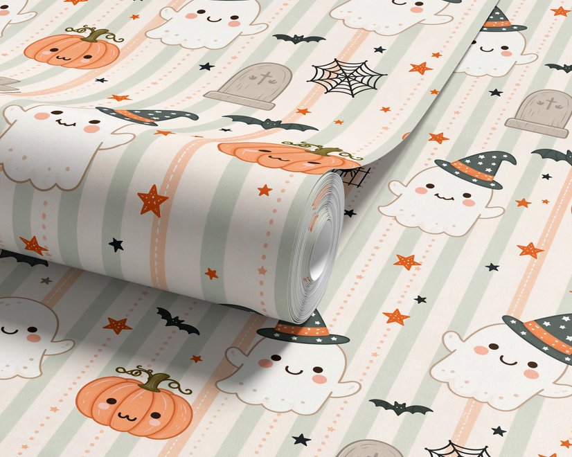 Cute autumn wallpaper with white ghosts, orange pumpkins, black bats and sage striped background