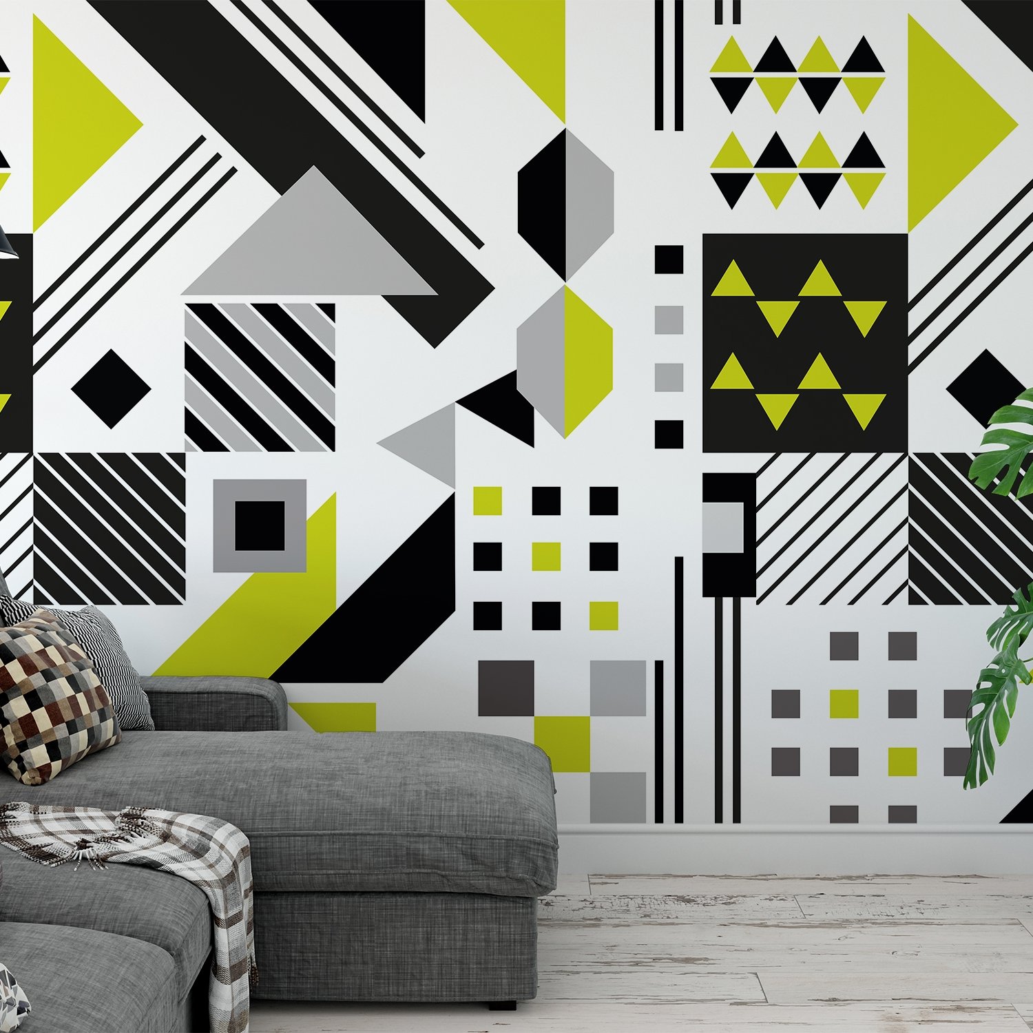 Black Yellow Geometric Shapes Wallpaper Mural - Peel and Stick