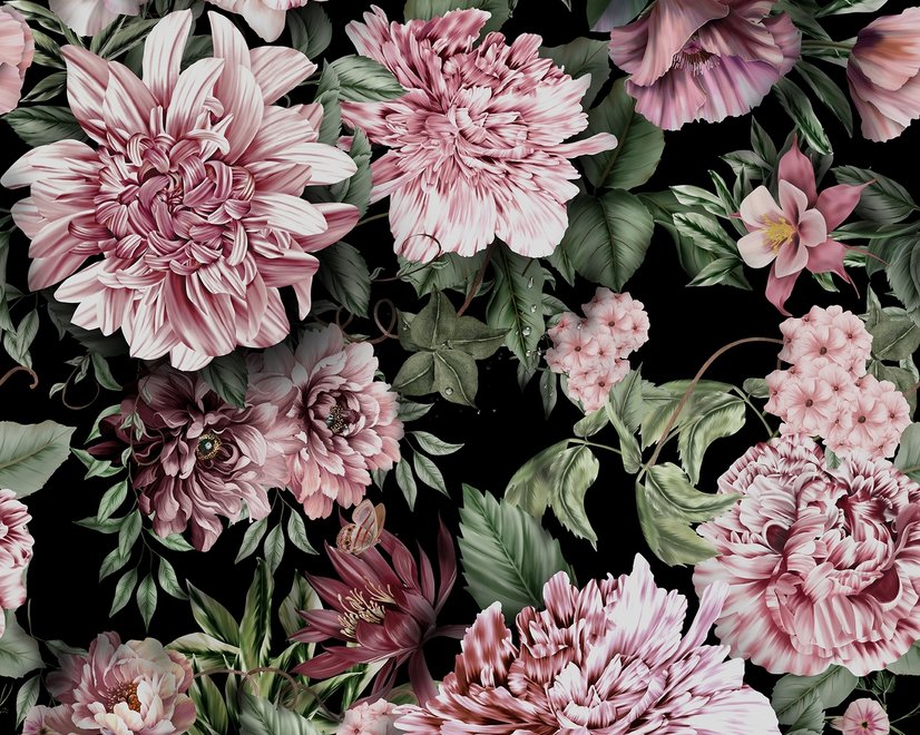 Papier peint panoramique floral avec feuilles vertes